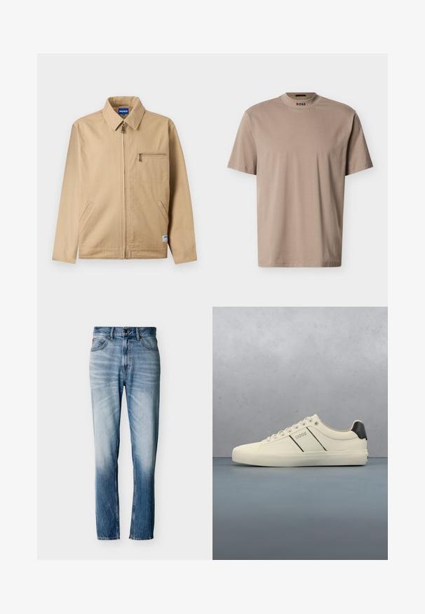 Chaqueta beige con cremallera, cuello puntiagudo, bolsillo con cremallera en el pecho izquierdo, dos bolsillos laterales y una pequeña etiqueta de la marca cerca del dobladillo.; Camiseta beige de manga corta con cuello alto tipo collar y la marca "BOSS" en el cuello. Fabricada con una tela suave y de textura lisa.; Vaqueros azules desgastados de pierna recta con cinco bolsillos, cierre de botón y trabillas para cinturón, mostrados extendidos sobre un fondo blanco.; Zapatillas de color crema con una textura suave, que presentan acentos y marcas en negro. Diseño clásico de cordones con punta redonda y suela de goma.