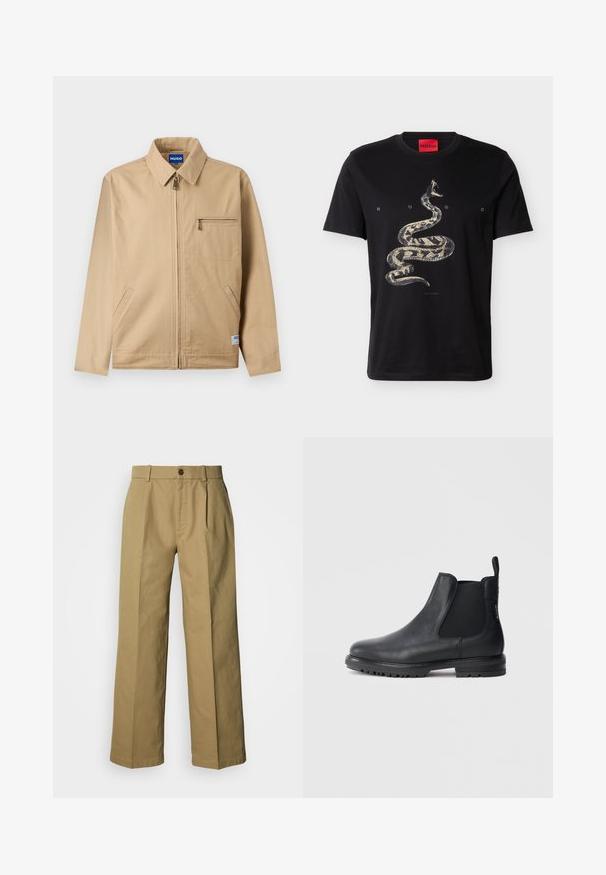 Veste beige zippée avec col pointu, poche poitrine zippée sur la gauche, deux poches latérales et une petite étiquette de marque près de l'ourlet.; T-shirt noir à manches courtes avec un graphisme d'un serpent enroulé et le texte « HUGO » espacé sur la poitrine sous l'étiquette du col.; Pantalon large beige en coton, avec une fermeture à boutons, trois plis et des ourlets droits pour une coupe décontractée.; Bottes Chelsea en cuir noir avec inserts élastiques sur les côtés, bout arrondi et semelle en caoutchouc texturée. Tirette à l'arrière pour faciliter l'enfilage.