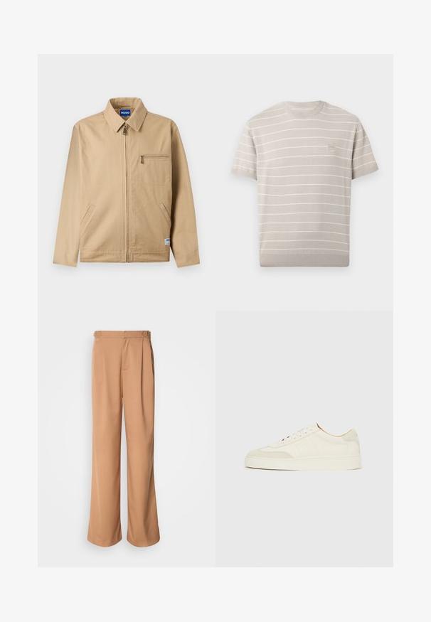 Chaqueta beige con cremallera, cuello puntiagudo, bolsillo con cremallera en el pecho izquierdo, dos bolsillos laterales y una pequeña etiqueta de la marca cerca del dobladillo.; Camiseta de punto beige claro de manga corta con finas rayas horizontales blancas y un pequeño parche con logo cuadrado en el pecho izquierdo.; Pantalones acampanados recortados, hechos de una tela suave y beige, con pliegues frontales y detalles metálicos en la cintura.; Zapatillas de ante blanco con acabado liso, puntera redonda, diseño plano con cordones y detalles texturizados contrastantes. Presentan un detalle de logo sutil.