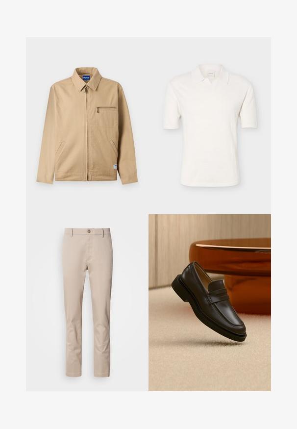 Chaqueta beige con cremallera, cuello puntiagudo, bolsillo con cremallera en el pecho izquierdo, dos bolsillos laterales y una pequeña etiqueta de la marca cerca del dobladillo.; Polo de manga corta blanco con textura de punto y cuello abierto, exhibido sobre un fondo liso de color gris claro.; Chinos de algodón beige con corte recto, trabillas para cinturón, un solo botón frontal y una superficie lisa, sin texturizar. No se ven bolsillos.; Zapato mocasín de cuero negro flotando sobre una alfombra beige con muebles marrones redondeados al fondo.