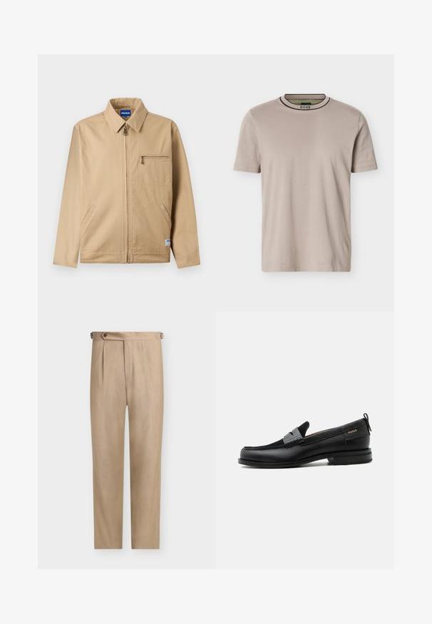 Veste beige zippée avec col pointu, poche poitrine zippée sur la gauche, deux poches latérales et une petite étiquette de marque près de l'ourlet.; T-shirt beige à manches courtes et col rond côtelé, avec des rayures noires et vertes sur le col et le logo "BOSS" à l'intérieur du col.; Pantalon beige taille haute, ajusté, avec un pli côté gauche et des pattes de réglage boutonnées de chaque côté.; Mocassin en cuir noir avec détail de bride grise, talon bas et semelle texturée, marqué "HUGO" en or sur le côté.