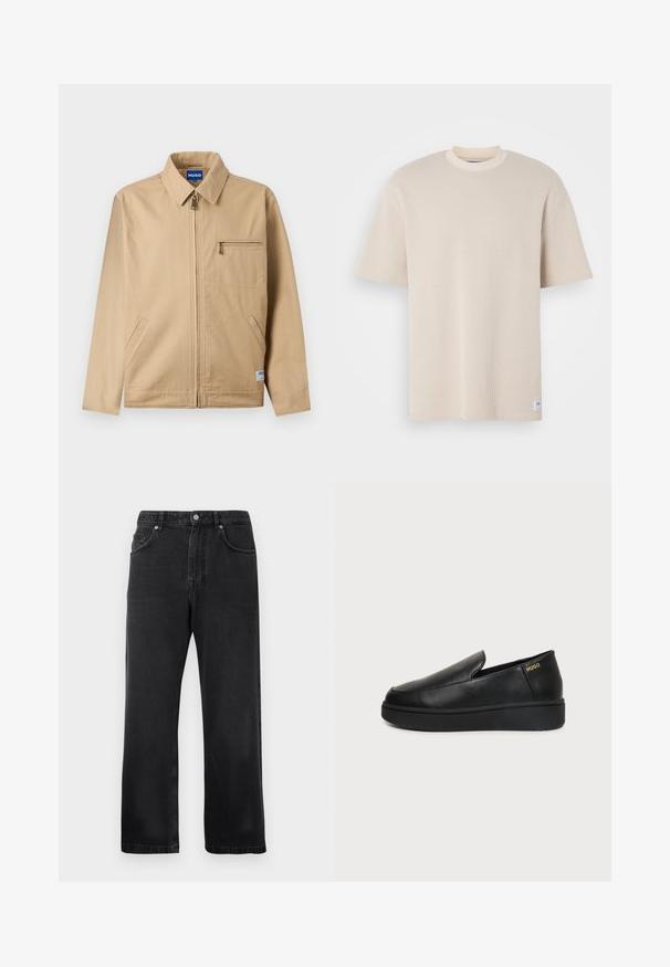 Beige Reißverschlussjacke mit spitzem Kragen, Reißverschlusstasche auf der linken Brust, zwei Seitentaschen und einem kleinen Markenetikett nahe dem Saum.; Beige geripptes T-Shirt mit rundem Halsausschnitt und kurzen Ärmeln, versehen mit einem sichtbaren Markenlabel in der unteren linken Ecke.; Schwarze gerade geschnittene Jeans mit Vordertaschen, Gürtelschlaufen und einem Knopfverschluss auf weißem Hintergrund.; Schwarzer Lederschlupfschuh mit dicker Sohle und kleinen seitlichen Belüftungslöchern, mit goldenem "HUGO"-Logo nahe der Ferse.