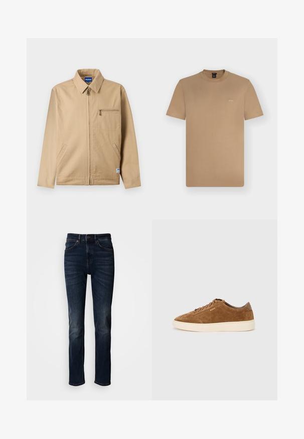 Veste beige zippée avec col pointu, poche poitrine zippée sur la gauche, deux poches latérales et une petite étiquette de marque près de l'ourlet.; T-shirt marron clair à manches courtes et col rond avec petit logo blanc "BOSS" sur la poitrine gauche, présenté sur un fond uni clair.; Jean denim bleu foncé à coupe droite, avec un design traditionnel à cinq poches, des coutures visibles et une fermeture bouton à la taille.; Baskets en daim marron avec bout rond, semelle en caoutchouc crème et lacets ton sur ton. Présentent un logo en relief sur le côté et un panneau arrière lisse.