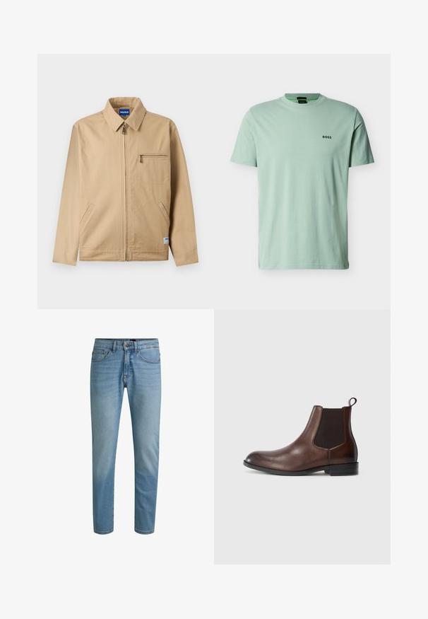 Beige lynlåstrøje med spids krave, lynlåslomme på venstre bryst, to sidelommer og en lille mærkeetiket nær kanten.; Lysegrøn kortærmet T-shirt med rund hals og lille sort "BOSS"-logo på venstre bryst mod en ensfarvet baggrund.; Lyseblå denimjeans med lige ben, design med fem lommer og let falmning. Har knaplukning og bæltestropper.; Brune læder Chelsea-støvle med elastiske sidepaneler, rund tå, trækkebånd og en lille hæl med en tekstureret sål.