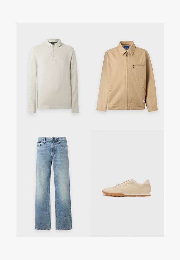 Veste beige zippée avec col pointu, poche poitrine zippée sur la gauche, deux poches latérales et une petite étiquette de marque près de l'ourlet.; Polo à manches longues de couleur beige clair, confectionné dans un tissu doux. Comprend un col, une patte de boutonnage à trois boutons et une broderie discrète du logo sur la poitrine.; Jean droit en denim bleu clair avec taille haute, cinq poches, fermeture à boutons et léger délavage sur les cuisses et les genoux.; Baskets en daim beige au design épuré, présentant une tige texturée, un bout rond et une semelle en caoutchouc avec un motif en zigzag.