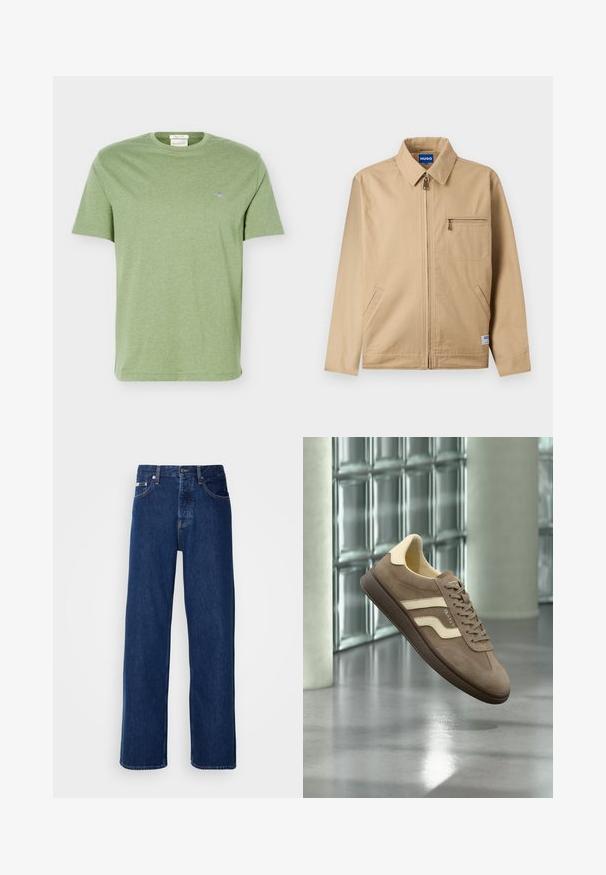 Veste beige zippée avec col pointu, poche poitrine zippée sur la gauche, deux poches latérales et une petite étiquette de marque près de l'ourlet.; T-shirt en coton vert clair à manches courtes, col rond et petit logo brodé sur la poitrine gauche.; Jean en denim bleu foncé avec un design à jambes larges, doté d'une fermeture à bouton et d'un style à cinq poches classique. Le tissu a une texture lisse.; Baskets en daim marron avec des accents crème et une semelle en caoutchouc foncée flottant à l'intérieur contre un mur en verre et des piliers en béton.