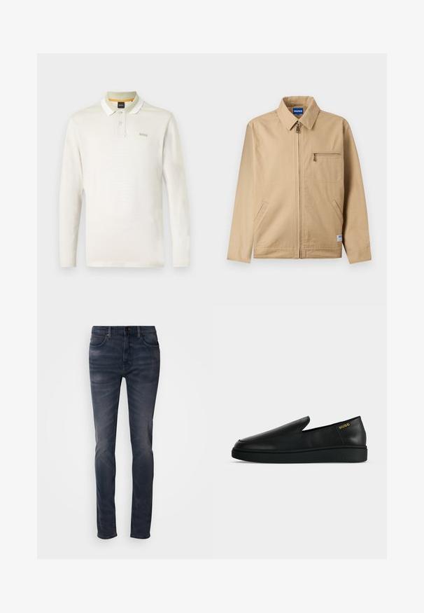 Beige Reißverschlussjacke mit spitzem Kragen, Reißverschlusstasche auf der linken Brust, zwei Seitentaschen und einem kleinen Markenetikett nahe dem Saum.; Langärmliges Poloshirt in hellem Creme, aus weichem Baumwollmaterial. Verfügt über einen weißen Kragen, eine Zwei-Knopf-Leiste und ein dezentes Markenlogo auf der Brust.; Dunkel gefärbte Jeans mit schmaler Passform, ausgestattet mit einem Knopfverschluss, fünf Taschen und dezenten Verwaschungen. Gerader Beinverlauf mit glatter Textur.; Ein einzelner schwarzer Lederschuh zum Hineinschlüpfen mit dicker Sohle und "HUGO" Branding in Gold nahe der Ferse auf einem einfarbigen hellgrauen Hintergrund.