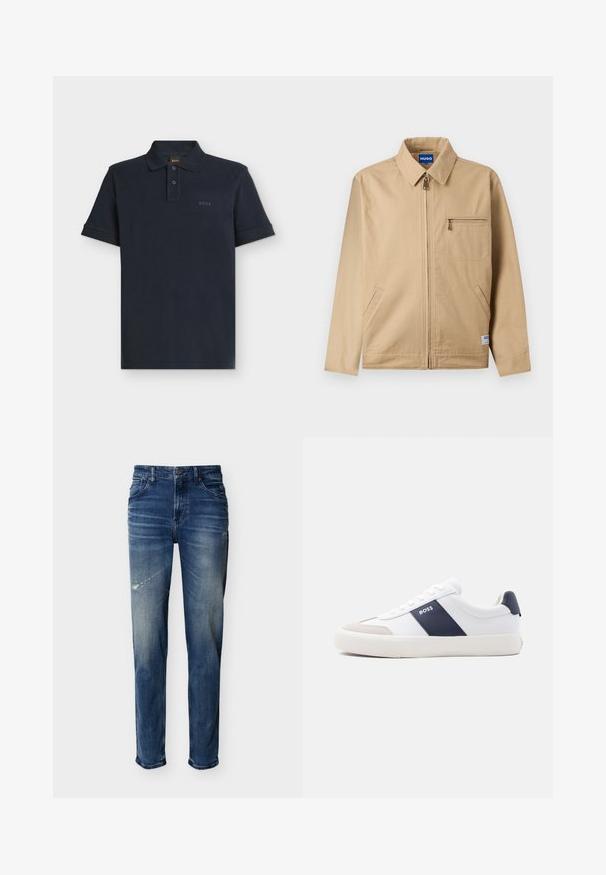 Chaqueta beige con cremallera, cuello puntiagudo, bolsillo con cremallera en el pecho izquierdo, dos bolsillos laterales y una pequeña etiqueta de la marca cerca del dobladillo.; Polo azul marino de manga corta con tapeta de dos botones y logo sutil "BOSS" en el pecho izquierdo.; Pantalones vaqueros de mezclilla azul con leve desgaste y áreas desgatadas, estilo de cinco bolsillos, corte recto, cierre de botón y cremallera.; Zapatilla blanca de corte bajo con raya lateral azul marino, logo "BOSS", puntera beige y suela blanca, mostrada de perfil sobre un fondo claro.