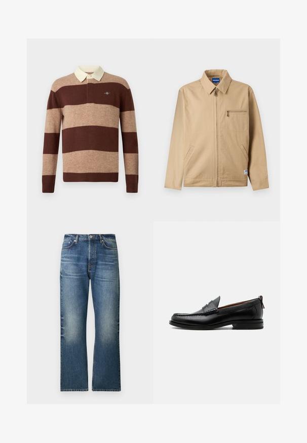 Beige jas met rits en puntkraag, een borstzak met rits aan de linkerkant, twee zijzakken en een klein merkje nabij de zoom.; Rugbyshirt met lange mouwen, voorzien van brede horizontale bruine en beige strepen en een crèmekleurige kraag, met een klein geborduurd logo op de borst.; Lichtblauwe spijkerbroek met rechte pijpen, voorzien van vervaagde delen, vijf zakken en een klassieke knoopsluiting in de taille.; Zwarte leren herensloffen met moc toe stiksel, pennyriem, gestructureerde kraag en lage gestapelde hak op witte achtergrond.