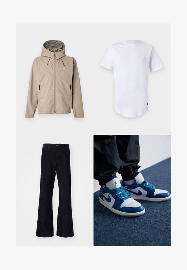 Beige jakke med lynlås og hætte, med buet sømdesign, justerbare snore og sidelommer med lynlås. Logoen er vist på brystet.; Hvid kortærmet t-shirt lavet af bomuld. Rund halsudskæring med en buet kant. Etiket synlig på nederste venstre side. Glat tekstur.; Sorte, bomuldsforlængede bukser med en traditionel linning, enkelt forreste knap og lommer på siderne og bagpå. Glat tekstur.; Nike Air Jordan sneakers har en hvid læderbase med blå syntetiske detaljer, en perforeret tåboks og blå snørebånd.