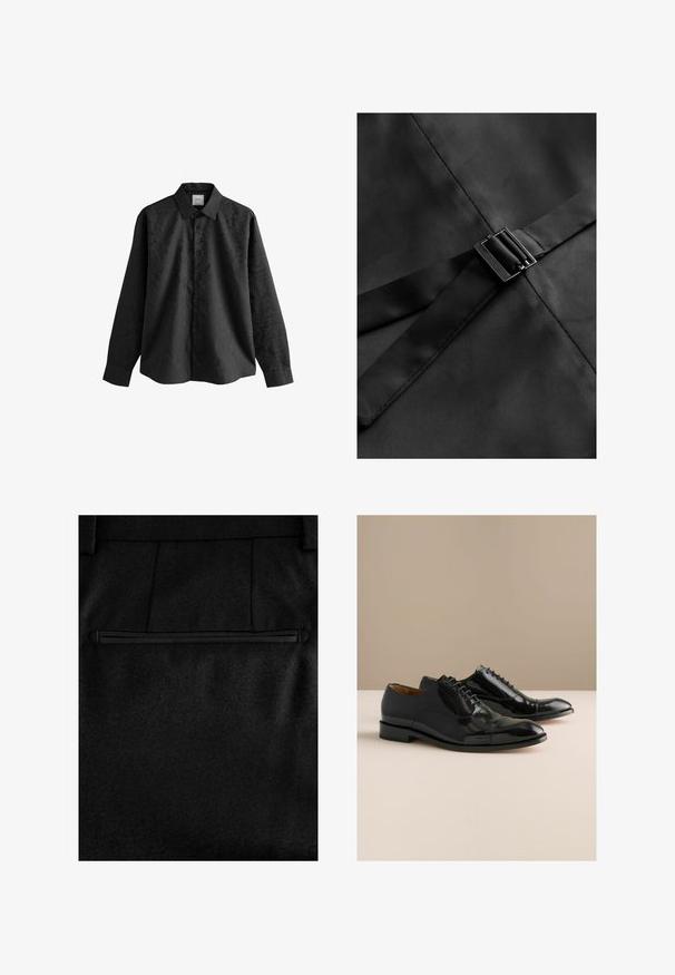 Tissu noir avec une texture lisse, présentant une large bande au centre maintenue par une boucle rectangulaire en métal noir.; Chemise noire à manches longues avec une texture subtilement imprimée, ouverture à boutons sur le devant et col. Le tissu semble lisse et léger.; Pantalons en tissu noir avec une texture douce, une poche arrière zippée et des coutures sur mesure pour un aspect ajusté.; Chaussures de ville en cuir verni noir avec un bout arrondi, dotées d'un laçage frontal, d'un léger talon et de détails de coutures discrètes le long des coutures.