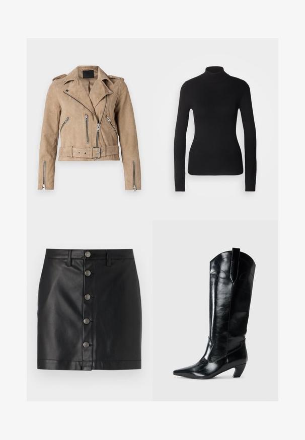 Beige ruskind bikerjakke med flere lynlåslommer, bælte i taljen og asymmetrisk front med skulderstykker. Sølvfarvede hardware-detaljer.; Sort turtleneck sweater lavet af let strikket stof. Har lange ærmer, et tætsiddende design og en blød ribbet tekstur.; Sort læderskirt med tætsiddende design, der har fem sølvfarvede metalknapper ned foran og en lige kant. Glat tekstur.; Sorte læderknæhøje støvler med spids tå, lav hæl og dekorative syninger på siderne. Glat, blank overflade.