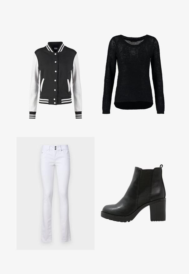 Veste universitaire noir et blanc avec fermeture à boutons, col rayé, poignets et ourlet, manches blanches avec corps noir et poches.; Pull en tricot noir à manches longues, avec un encolure largement dégagée et un motif texturé. L'ourlet arrondi est plus long à l'arrière qu'à l'avant.; Jeans évasés blancs en tissu mélangé coton, dotés d'une fermeture à deux boutons, de poches avant et de détails de couture discrets.; Botte de cheville en cuir noir avec un talon bloc épais, des panneaux latéraux élastiques et une surface texturée. Elle dispose d'un passant à l'arrière.