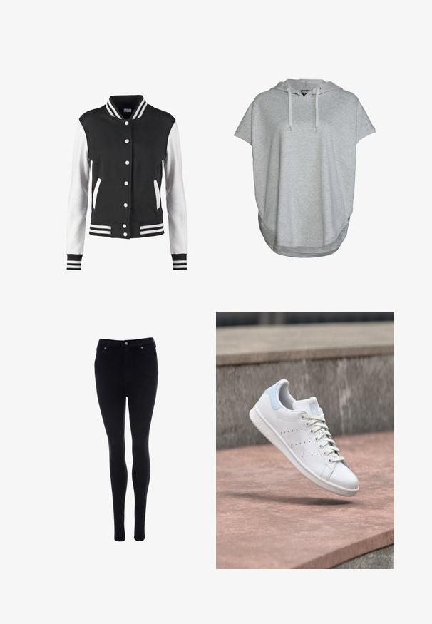 Chaqueta universitaria en blanco y negro con cierre de botones, cuello, puños y bajo a rayas, y mangas blancas con cuerpo y bolsillos negros.; Sudadera de manga corta gris claro hecha de tejido de sudadera, con capucha ajustable y dobladillo ligeramente curvado para un ajuste relajado.; Vaqueros skinny negros de denim con una textura suave. Presentan un cierre frontal de botón y cremallera, cinco bolsillos y un ajuste elegante.; Zapatilla deportiva de cuero blanco con lengüeta trasera azul claro, rayas laterales perforadas y cordones, flotando sobre escalones de piedra al aire libre.