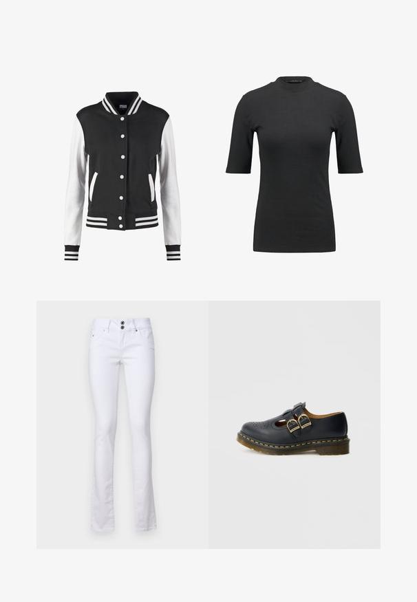 Sort og hvid varsity-jakke med knaplukning, stribet krave, manchetter og kant, og hvide ærmer med sort krop og lommer.; Sort ribbet t-shirt med høj hals og korte ærmer. Glat, tætsiddende design uden mønstre eller synlige hardwaredetaljer.; Hvide flagrende jeans lavet af bomuldsblandingsstof, med en to-knap lukning, frontlommer og subtile syninger.; Sort lædersko med to remme og spænder, med perforerede detaljer, rundet tå og en gul syningsaccent rundt om sålen.