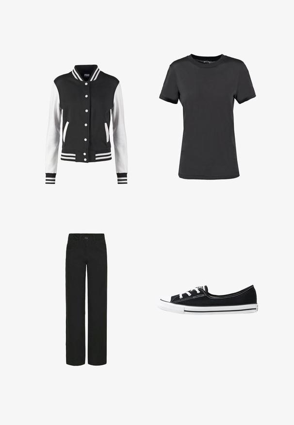 Veste universitaire noir et blanc avec fermeture à boutons, col rayé, poignets et ourlet, manches blanches avec corps noir et poches.; T-shirt noir à manches courtes en tissu lisse. Présente un col rond sans motifs ni accents visibles, offrant un design simple.; Pantalons larges noirs en denim avec une texture lisse. Comprend des poches avant, une fermeture à bouton et des passants de ceinture.; Chaussure en toile noire avec un embout en caoutchouc blanc et une semelle blanche, équipée de lacets blancs et de coutures blanches contrastantes le long du bord supérieur.