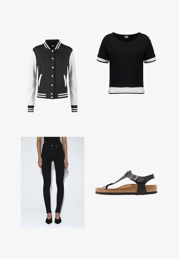 Schwarz-weiße Collegejacke mit Knopfverschluss, gestreiftem Kragen, Bündchen und Saum, weißen Ärmeln und schwarzem Körper sowie Taschen.; Schwarzes, kurzes T-Shirt mit kurzen Ärmeln, das weiße Mesh-Details an den Ärmeln und dem Saum aufweist. Glattes Material; runder Halsausschnitt.; Person trägt schwarze Skinny-Jeans mit hoher Taille und schwarze spitze Pumps, steht vor einem schlichten weißen Hintergrund.; Birkenstock KAIRO NU REGULAR - Riemensandalette - black