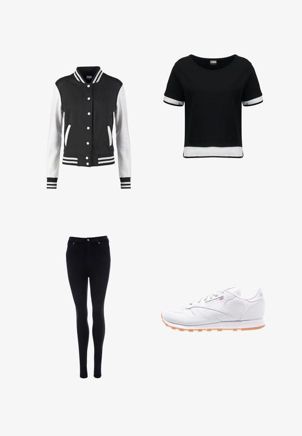 Chaqueta universitaria en blanco y negro con cierre de botones, cuello, puños y bajo a rayas, y mangas blancas con cuerpo y bolsillos negros.; Camiseta negra corta con mangas cortas, que presenta detalles de malla blanca en las mangas y el dobladillo. Tela suave; escote redondeado.; Vaqueros skinny negros de denim con una textura suave. Presentan un cierre frontal de botón y cremallera, cinco bolsillos y un ajuste elegante.; Zapatilla deportiva de cuero blanco con superficie texturizada, suela de goma naranja y logo de Reebok en el lateral y en la lengüeta. Cierre de cordones estándar.