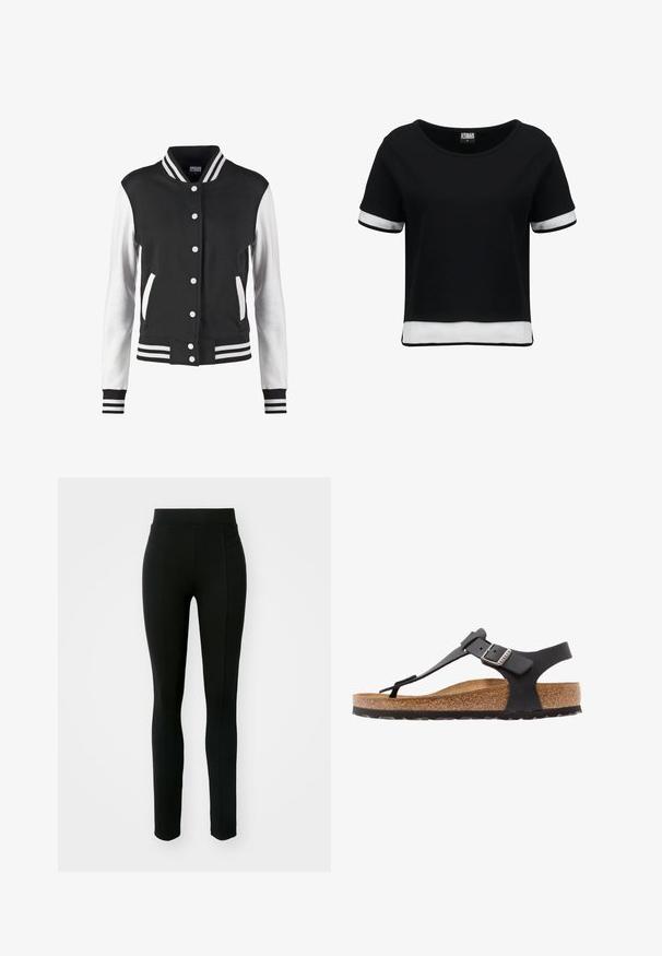 Chaqueta universitaria en blanco y negro con cierre de botones, cuello, puños y bajo a rayas, y mangas blancas con cuerpo y bolsillos negros.; Camiseta negra corta con mangas cortas, que presenta detalles de malla blanca en las mangas y el dobladillo. Tela suave; escote redondeado.; Leggings negros de material elástico, con cintura alta, corte ajustado y dos bolsillos frontales sin costuras visibles.; Birkenstock KAIRO NU REGULAR - Sandalias - black