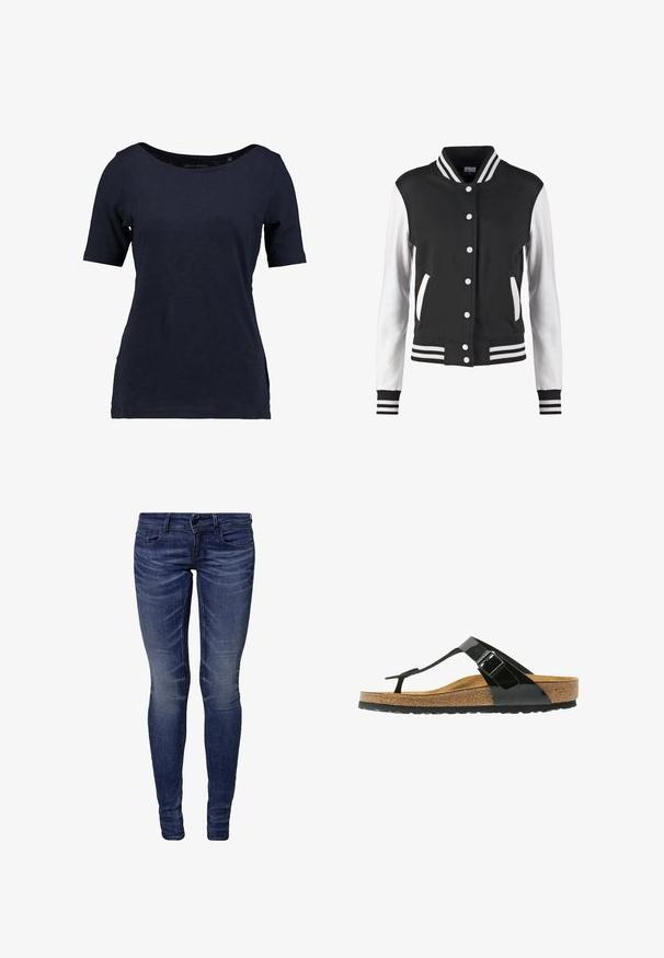 Sort og hvid varsity-jakke med knaplukning, stribet krave, manchetter og kant, og hvide ærmer med sort krop og lommer.; Mørkeblå kortærmet t-shirt lavet af bomuld. Har en rund halsudskæring og en afslappet pasform med sideudskæringer for bedre bevægelsesfrihed.; Slanke blue jeans lavet af denim. Har en lynlås i skridtet, forlommer og en let afdæmpet farve langs lårene. Glat tekstur.; Sorte patentlæder tongsandaler med justerbar spænde, korkfodseng og gummi sål. Har et strømlinet design med en struktureret fodseng.