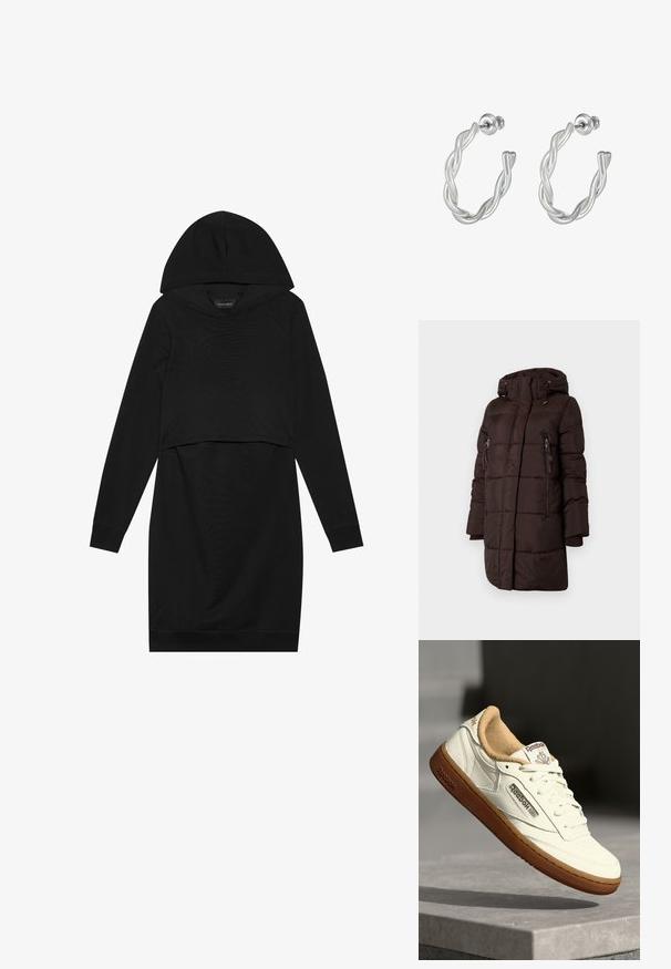 Brun pufjakke med hætte, der har et quiltet design, to sidelommer med lynlås og ribbede manchetter. Lavet af glat, vandafvisende stof.; Sort pullover kjole med hætte, lange ærmer og cropped design. Fremstillet af blødt stof med en glat tekstur og ribbede manchetter.; Reebok klassisk sneakers med en hvid læderoverdel, tan-foring og brun gummisål. Designet inkluderer logo-detaljer og snørebånd.; Snoede sølv hoop øreringe med en glat finish og post-back lukning, der viser et moderne, sammenflettet design.