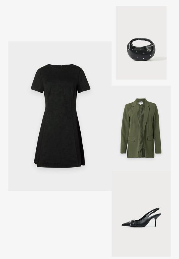 Olivengrøn blazer i struktureret stof, med en spids krave, frontlommer og en glat satin foring. Åben frontdesign.; Sort kortærmet A-linje kjole med rund halsudskæring og sideliste detaljer, lavet af et glat, let struktureret stof.; Sort læder højhælet sko med spidst tåparti, slingback og rem med spænde og nitter foran.; Sort læderhåndtaske med en rundet form, dekoreret med sølvnitter, og et kort håndtag. Glat tekstur og lynlåslukning.