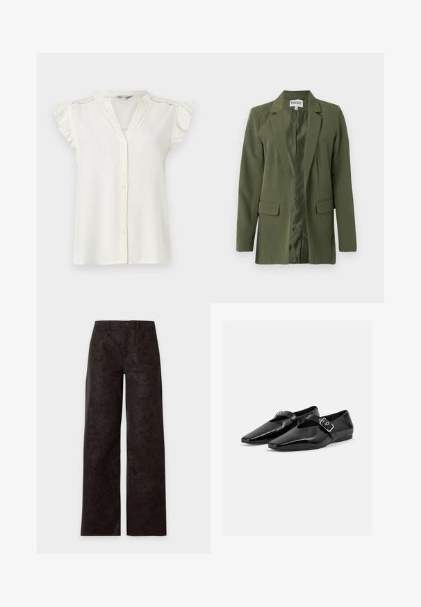 Blazer vert olive en tissu structuré, avec un col cranté, des poches avant et une doublure en satin lisse. Conception à ouverture frontale.; Blouse blanche sans manches avec des boutons sur le devant, des manches courtes volantées et des détails délicats en dentelle le long des épaules et du décolleté.; Pantalon en cuir marron foncé à jambes larges avec poches avant, passants pour ceinture et fermeture par bouton sur un fond uni clair.; Paire de chaussures plates en cuir verni noir à bouts pointus avec une bride à boucle sur le dessus, montrée sur un fond clair uni.