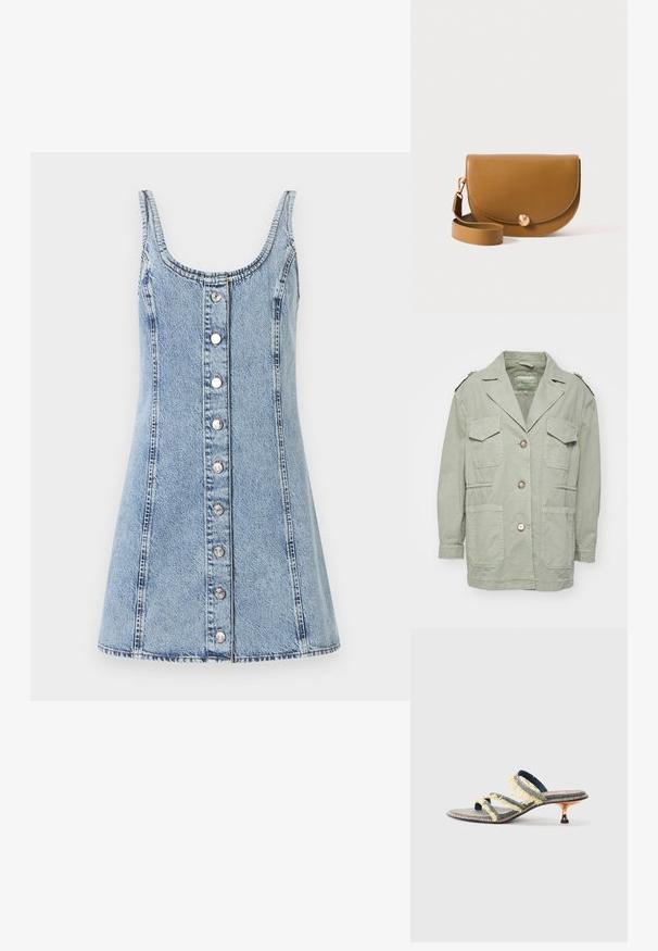 Hellgrüne Jacke mit lockerem Schnitt, ausgestattet mit einem Reverskragen, vier Fronttaschen und Knopfverschlüssen. Hergestellt aus weichem, strukturiertem Stoff.; Denimkleid mit U-Ausschnitt und dünnen Trägern. Hellblauer Stoff, A-Linie-Form, mit Knöpfen auf der Vorderseite und sichtbaren Nähdetails.; Denim-Slidesandale mit drei gelben, ausgefransten Riemen, einer leicht spitzen Zehenpartie und einem metallischen Kitten-Heel. Flache Sohle mit dekorativer Naht.; Braune Leder-Crossbody-Tasche mit einem runden Klappenverschluss, einem Kupferknopf als Verschluss und einem abnehmbaren Gurt. Glatte Textur, minimalistisches Design.