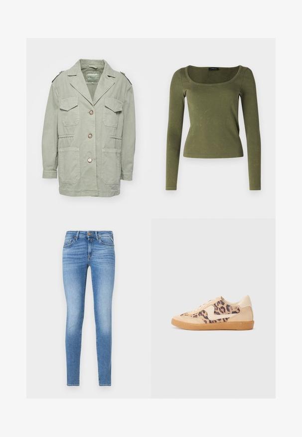 Hellgrüne Jacke mit lockerem Schnitt, ausgestattet mit einem Reverskragen, vier Fronttaschen und Knopfverschlüssen. Hergestellt aus weichem, strukturiertem Stoff.; Olivenfarbene Langarmbluse aus geripptem Stoff, mit einem quadratischen Ausschnitt und taillierter Passform. Auffällige Textur mit dezenten Mustern.; Slim-Fit hellblaue Jeans im Denim-Stil mit mittelhohem Bund, vorderem Knopf und Fünf-Taschen-Design.; Löwenmuster-Sneaker mit beige Wildleder-Obermaterial, tanfarbener Gummisohle und weißen Akzenten. Runde Zehenform und Schnürdesign mit strukturiertem Finish.