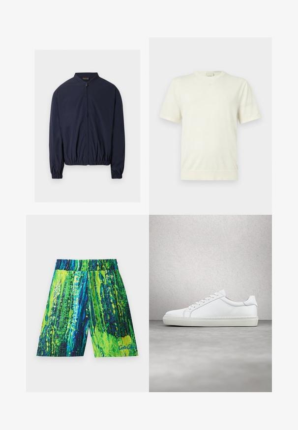 Veste bomber légère bleu marine avec fermeture éclair frontale, poignets élastiques et ourlet élastique, présentée sur un fond blanc.; T-shirt blanc uni à manches courtes avec col rond, ourlet et poignets côtelés, présenté sur un fond gris clair neutre.; Shorts de bain pour hommes en vert vif et bleu, avec un motif éclaboussé, taille élastique et longueur mi-cuisse. Fabriqués en tissu léger.; Sneaker blanche avec une tige en cuir lisse et un profil bas. Présente un bout arrondi, six œillets et une semelle en caoutchouc texturé.