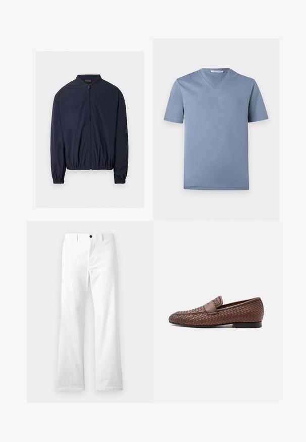 Veste bomber légère bleu marine avec fermeture éclair frontale, poignets élastiques et ourlet élastique, présentée sur un fond blanc.; T-shirt à manches courtes, col en V de couleur bleu clair avec une texture de tissu lisse et une étiquette "Tiger of Sweden" à l'intérieur du col.; Pantalon blanc à jambes droites avec bouton frontal et passants de ceinture, présenté sur un fond clair uni.; Mocassin en cuir tressé marron avec une bride sur le dessus et un petit talon noir, vu de côté sur un fond blanc.
