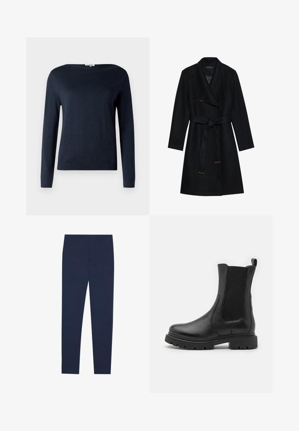Manteau en laine noir mélangé avec un large col, taille ceinturée, et coupe droite, présentant des accents dorés et cuivrés aux extrémités de la ceinture.; Pull en tricot bleu marine à manches longues et col rond, avec des poignets et un ourlet côtelés, présenté sur un fond blanc uni.; Pantalons bleu marine en tissu lisse, avec une coupe droite et un devant plat. Sans motifs ni accents visibles.; Bottes de cheville en cuir noir avec panneaux latéraux élastiques, bout arrondi et semelle robuste présentant des rainures de traction prononcées.