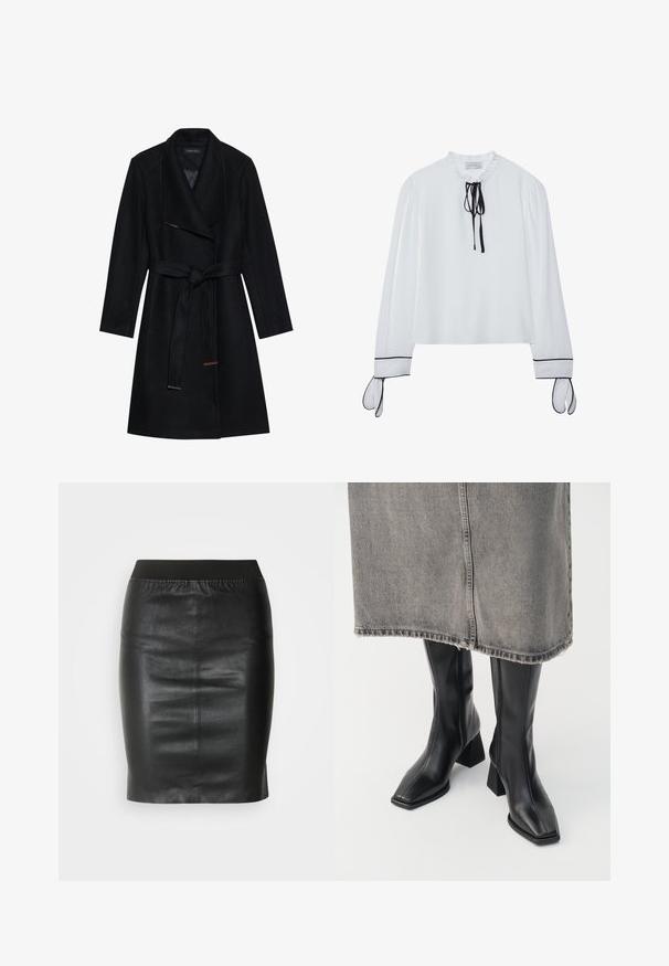 Abrigo de mezcla de lana negra con un amplio cuello, cintura ceñida con cinturón y corte recto, que presenta acentos en dorado y bronce en los extremos del cinturón.; Blusa blanca con escote voluminoso, detalle de corbata negra y mangas largas con acentos negros en los puños. Tejido suave, corte relajado.; Falda lápiz negra hecha de cuero suave, con una cinturilla elástica para una silueta ajustada y un diseño minimalista.; Botas negras hasta la rodilla de cuero liso con punta cuadrada y tacón cuadrado. Llevadas con una falda de mezclilla gris con dobladillo desflecado.