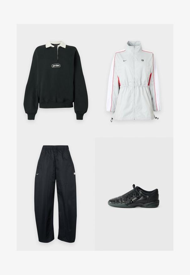 Blouson coupe-vent gris clair avec panneaux latéraux blancs et rouges, taille ajustable par cordon, col montant et logos noirs sur la poitrine.; Sweat-shirt noir à manches longues, col blanc, fermeture éclair quart de devant, et un patch logo central. Tissu doux avec poignets et ourlet côtelés.; Pantalon de sport ample noir en matière légère. Comprend une taille élastique, un cordon de serrage ajustable et des accents de logo.; Chaussure de sport en cuir noir avec un design matelassé, bout arrondi, lacets à l'avant et semelle en caoutchouc. Présente une marque discrète sur le côté.