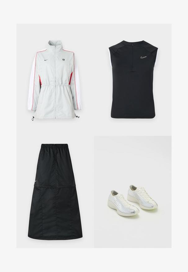 Lichtgrijze windbreakerjas met witte en rode zijpanelen, verstelbare taille met trekkoord, hoge kraag en zwarte logo's op de borst.; Zwarte mouwloze sporttop met een hoge kraag, voorzien van een klein wit Nike-logo op de borst en contrasterende witte accenten bij de armsgaten.; Zwarte sportieve rok van lichtgewicht, glad nylonstof. Voorzien van een elastische tailleband en een eenvoudig, lang A-lijnmodel.; Nike Sportswear AIR SUPERFLY - Sneakers laag - pale ivory/silver-coloured
