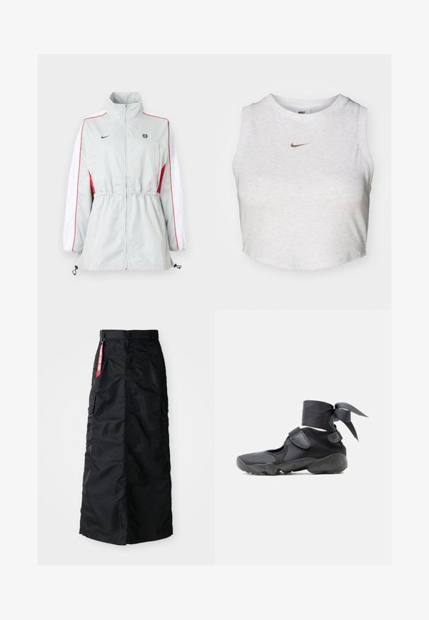 Lichtgrijze windbreakerjas met witte en rode zijpanelen, verstelbare taille met trekkoord, hoge kraag en zwarte logo's op de borst.; Witte crop top van zacht, textuurachtig stof. Heeft een ronde hals en een mouwloos ontwerp met een klein gouden Nike-logo aan de voorkant.; Zwarte lange rok met een voorkant met knopen en rits, zij cargo zakken en een rode 'Remove Before Flight' stoffen label op de tailleband.; Zwarte sportieve schoen met uitsparingen, klittenbandsluitingen en een enkellint dat in een strik is vastgemaakt, zijaanzicht op een witte achtergrond.