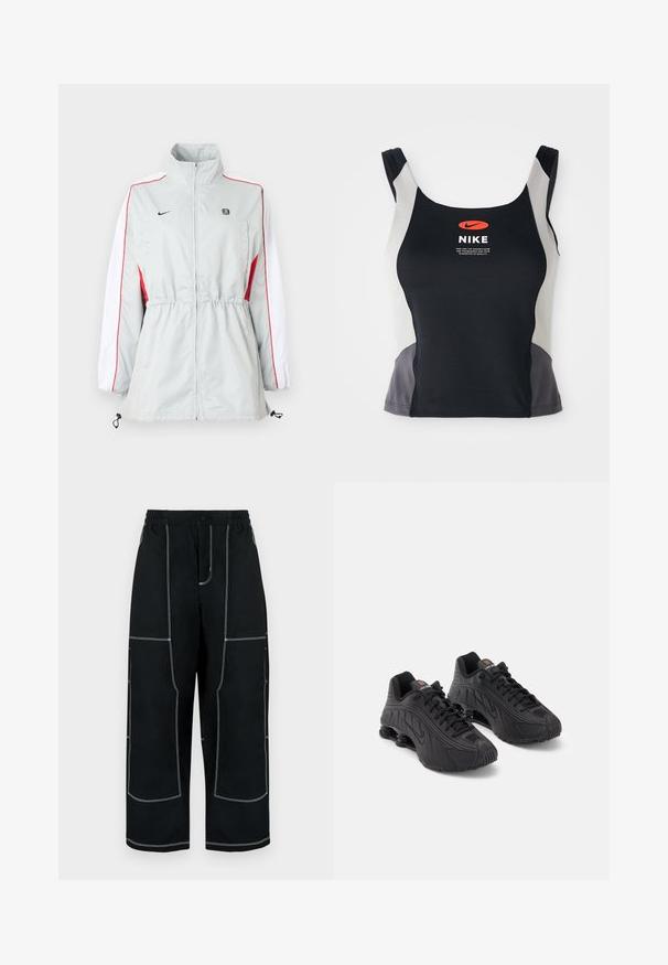Lichtgrijze windbreakerjas met witte en rode zijpanelen, verstelbare taille met trekkoord, hoge kraag en zwarte logo's op de borst.; Zwarte en grijze sporttanktop met een ronde hals, smalle banden en een centraal oranje Nike-logo op de voorkant gedrukt.; Zwarte wijde broek met elastische tailleband, voorzien van witte contrasterende stiksels en meerdere zakken voor praktisch gebruik.; Zwarte sportschoenen met een glad synthetisch bovenwerk, getextureerde accenten, vetersluiting en zichtbare veerkrachtige demping bij de hiel.