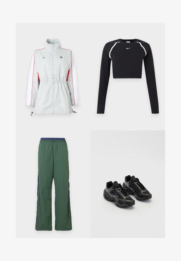 Lys grå vindjakke med hvide og røde sidepaneler, justerbar snøre i taljen, høj krave og sorte logoer på brystet.; Sort langærmet cropped sports top med hvide buede skulderstriber og lille hvid Nike swoosh-logo i midten af brystet.; Grønne atletikbukser med bred benstil, der har en marineblå linning og sidelæg, lavet af let, tekstureret stof.; Sorte sportssko lavet af syntetisk materiale med mesh-detaljer og afrundede såler. Har snørresystem og fremtrædende Nike-logo på tungen.