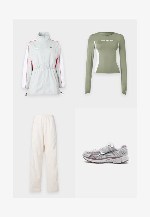 Chaqueta cortavientos gris claro con paneles laterales blancos y rojos, cintura ajustable con cordón, cuello alto y logotipos negros en el pecho.; Camiseta de manga larga Nike Shox en verde oliva con paneles laterales blancos y detalles en verde neón, corte ajustado y pequeño logo de swoosh en el puño de la manga.; Pantalones de color crema con cintura elástica y corte de pierna recta, de ajuste suelto, exhibidos sobre un fondo blanco liso.; Zapatilla deportiva de Nike con parte superior de malla blanca con detalles plateados, detalles en rosa y una suela gruesa, acolchada y texturizada.