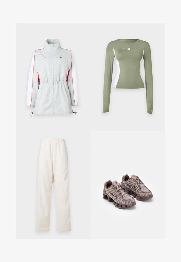 Chaqueta cortavientos gris claro con paneles laterales blancos y rojos, cintura ajustable con cordón, cuello alto y logotipos negros en el pecho.; Camiseta de manga larga Nike Shox en verde oliva con paneles laterales blancos y detalles en verde neón, corte ajustado y pequeño logo de swoosh en el puño de la manga.; Pantalones de color crema con cintura elástica y corte de pierna recta, de ajuste suelto, exhibidos sobre un fondo blanco liso.; Nike Sportswear SHOX TL - Zapatillas - pumice/night maroon/plum eclipse