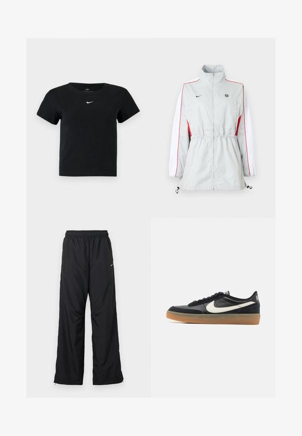 Lys grå vindjakke med hvide og røde sidepaneler, justerbar snøre i taljen, høj krave og sorte logoer på brystet.; Sort ribbet t-shirt med korte ærmer, der har et lille hvidt Nike-logo på brystet og en rund halsudskæring.; Sorte atletikbukser med elastisk taljebånd, sidelommer og løs pasform. Fremstillet af let, glat stof med et subtilt skær.; Sort atletisk sko med en tekstureret læderoverdel, hvid swoosh-logo og en gummisål. Snørebånddesign med polstring ved kraven.