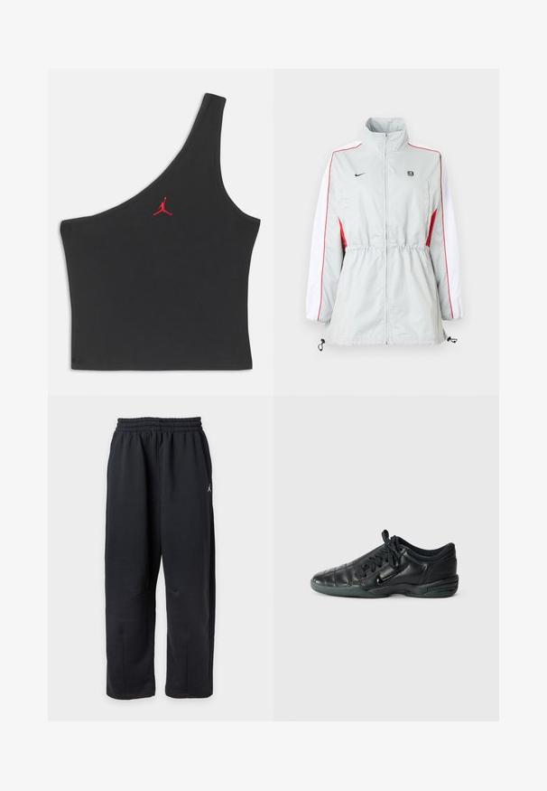 Blouson coupe-vent gris clair avec panneaux latéraux blancs et rouges, taille ajustable par cordon, col montant et logos noirs sur la poitrine.; Haut court noir à une épaule avec logo Jumpman rouge brodé au centre de la poitrine sur un fond uni.; Pantalon de survêtement noir à coupe ample avec taille élastique et petit logo blanc sur le côté droit.; Chaussure de sport en cuir noir avec un design matelassé, bout arrondi, lacets à l'avant et semelle en caoutchouc. Présente une marque discrète sur le côté.