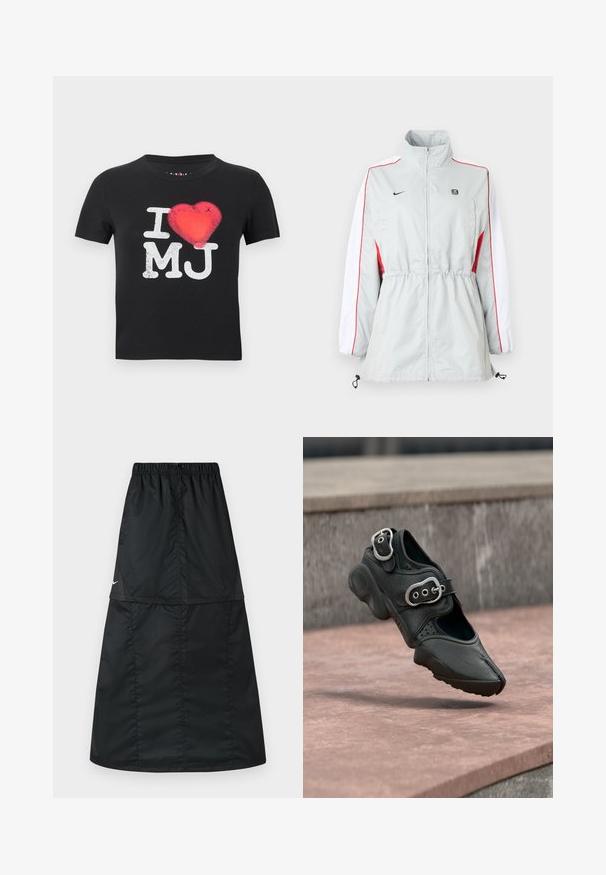 Blouson coupe-vent gris clair avec panneaux latéraux blancs et rouges, taille ajustable par cordon, col montant et logos noirs sur la poitrine.; T-shirt noir à manches courtes avec le texte blanc "I MJ" et un graphique de cœur rouge remplaçant le mot "love" au centre.; Jupe de sport noire en tissu nylon léger et lisse. Elle possède une taille élastique et une coupe simple, longue, en ligne A.; Chaussure noire à bout fendu avec deux boucles argentées, semelle épaisse et détails perforés, flottant au-dessus d'une surface en pierre.