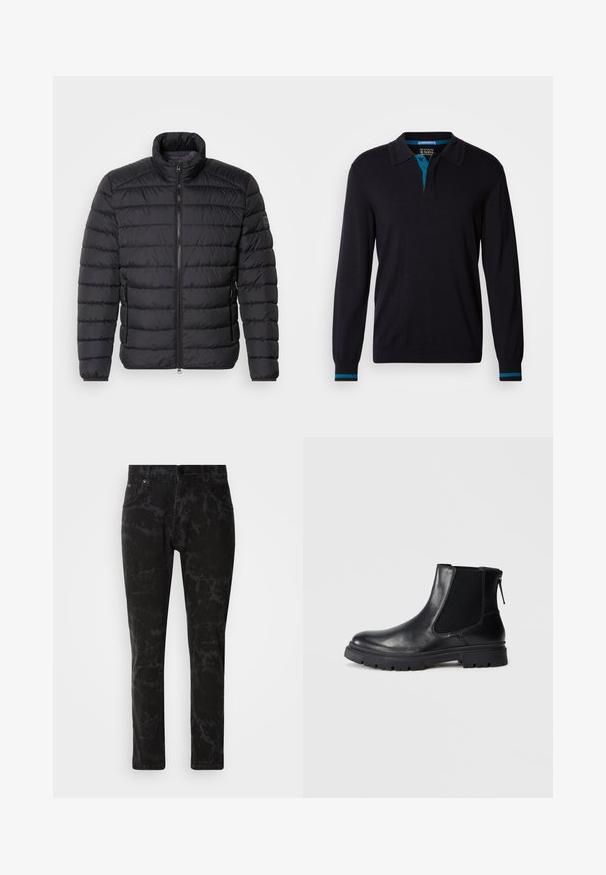 Sort dunjakke med høj krave, vandret quiltet mønster, lynlås lukning foran og sidelommer. Glat stofstruktur.; Scotch & Soda LONG SLEEVE POLO - Striktrøje - anthracite; Sorte denim jeans med et marmor mønster, lige ben design, fem-lomme stil og en knaplukning i taljen.; Sort læderankelstøvle med en glat overflade, elastiske mesh-sider og en robust sål med synligt mønster.