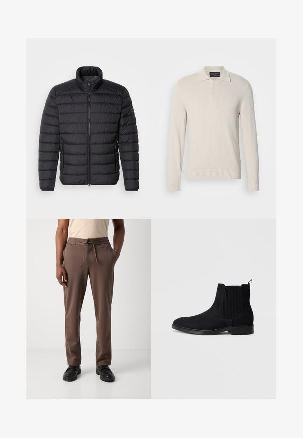 Sort dunjakke med høj krave, vandret quiltet mønster, lynlås lukning foran og sidelommer. Glat stofstruktur.; Lys beige langærmet polo sweater i blødt strik med struktureret overflade, der har klassisk krave og tre-knaps lukning.; Mand iført brune snørebukser og sorte sko, stående mod en ensfarvet hvid baggrund.; Sort ruskind Chelsea-støvle med elastiske sidepaneler, rund tå, subtil tekstur og hæklenke. Flad gummisål.