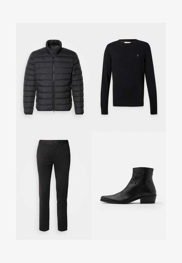 Veste matelassée noire avec un col haut, motif matelassé horizontal, fermeture éclair à l'avant et poches latérales. Texture de tissu lisse.; Pull noir à manches longues et col rond avec un petit logo oiseau orange brodé sur la poitrine gauche.; Pantalons noirs en tissu lisse, avec une coupe droite, fermeture à bouton à l'avant et passants de ceinture, présentés sur un fond blanc.; Bottine en cuir noir à bout pointu, avec des détails de couture minimalistes, un talon carré de hauteur intermédiaire et une finition lisse et brillante.