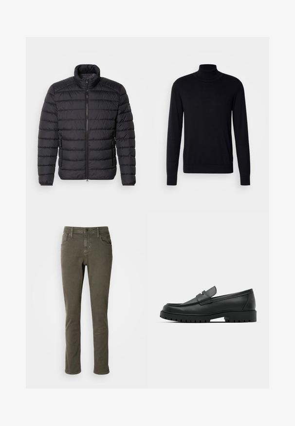 Schwarze Daunenjacke mit hohem Kragen, horizontalem Steppmuster, durchgehendem Reißverschluss und Seitentaschen. Glatte Stofftextur.; Schwarzer Rollkragenpullover aus weichem Stoff. Mit langen Ärmeln, geripptem Kragen und Bündchen, hat eine glatte Textur und keine Muster.; Antony Morato KURT COMFORT - Jeans Tapered Fit - dark olive; Schwarze Lederloafer mit runder Zehenform, ausgestattet mit einem gesteppten Design, niedrigem Plattformsohle und einer strukturierten, genoppten Gummisohle.