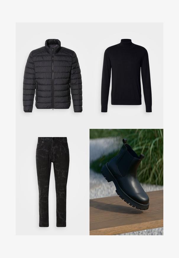 Schwarze Daunenjacke mit hohem Kragen, horizontalem Steppmuster, durchgehendem Reißverschluss und Seitentaschen. Glatte Stofftextur.; Schwarzer Rollkragenpullover aus weichem Stoff. Mit langen Ärmeln, geripptem Kragen und Bündchen, hat eine glatte Textur und keine Muster.; Schwarze Jeans aus Denim mit marmoriertem Muster, geradem Bein, Fünf-Taschen-Stil und Knopfverschluss am Bund.; Schwarze Leder-Ankle-Boots mit elastischen Seiteneinsätzen, runder Zehenpartie und grober Laufsohle, auf einer Holzoberfläche präsentiert.