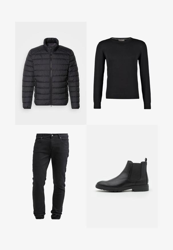 Sort dunjakke med høj krave, vandret quiltet mønster, lynlås lukning foran og sidelommer. Glat stofstruktur.; Sort strikket sweater med lange ærmer, rund halsudskæring samt ribbede manchetter og bund. Glat tekstur og tætsiddende design.; Sorte slim-fit jeans med knap- og lynlås-lukning, fem lommer og elastiske manchetter ved anklerne.; Sort læder Chelsea-boot med elastiske sidepaneler og en løftestrop, der har en rund tå og en tekstureret gummisål.