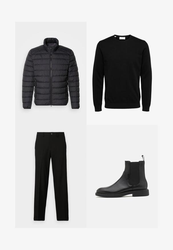 Schwarze Daunenjacke mit hohem Kragen, horizontalem Steppmuster, durchgehendem Reißverschluss und Seitentaschen. Glatte Stofftextur.; Schwarzer Pullover mit langen Ärmeln und Rundhalsausschnitt, mit gerippten Bündchen und Saum, vor weißem Hintergrund dargestellt.; Schwarze Hose aus glattem Stoff, mit geradem Schnitt, einem Knopfverschluss an der Taille und ohne sichtbare Muster oder Akzente.; Schwarze Leder-Ankle-Boots mit glatter Textur, elastischen Seitenpaneelen und einer Zuglasche. Runde Zehenpartie und flache Gummisohle mit minimalem Profil.